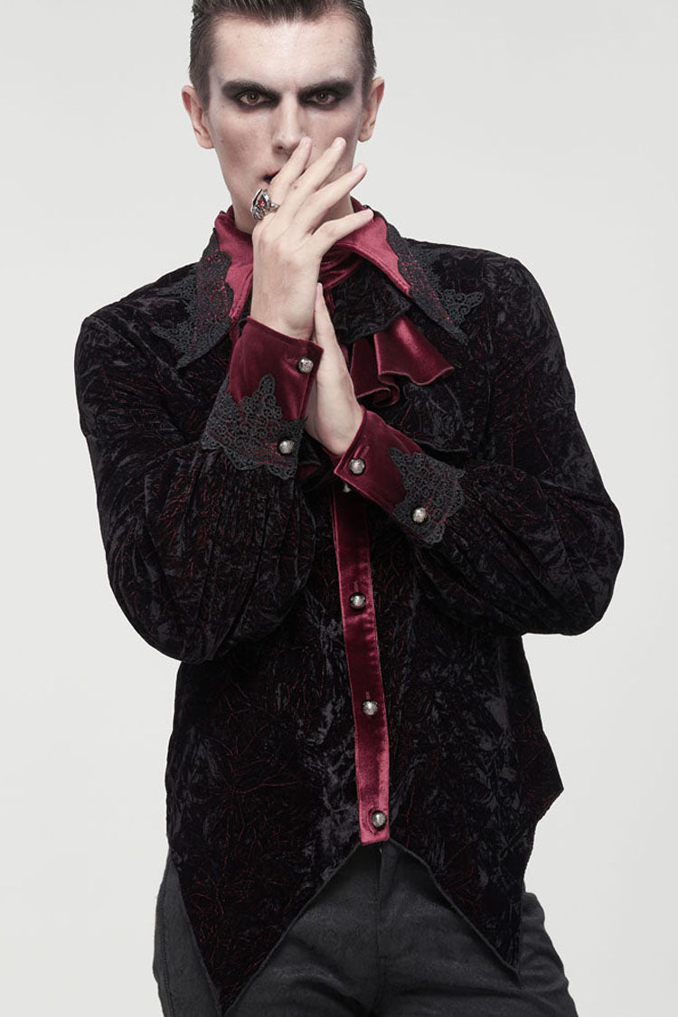 Black/Red Gothic Lace Stand Collar Ruffle Lantern Sleeves Velvet Crack Men's Shirt - Product - 4