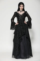 Black Deep V Collar Long Trumpet Sleeves Lace Lace-Up Women's Gothic Corset Top - Black - 1