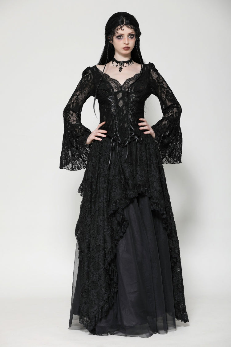 Black Deep V Collar Long Trumpet Sleeves Lace Lace-Up Women's Gothic Corset Top - Black - 1