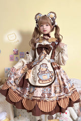 [Bear Cookies] Print Long Sleeves Ruffle Bowknot Sweet Lolita OP Dress 2 Colors - Product - 2