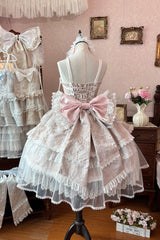 Pink [Moonlight Woven Flower Box] Square Collar Multi-Layered Ruffled Hanayome Embroidered Bow Lace Sweet Plus Size Lolita Jsk Dress Set - Product - 3