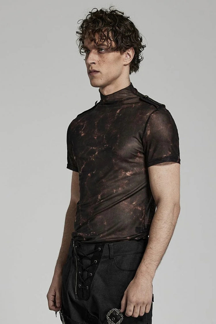 Stand Collar Short Sleeves Print Slim Mens Steampunk T-Shirt 2 Colors - Product - 9