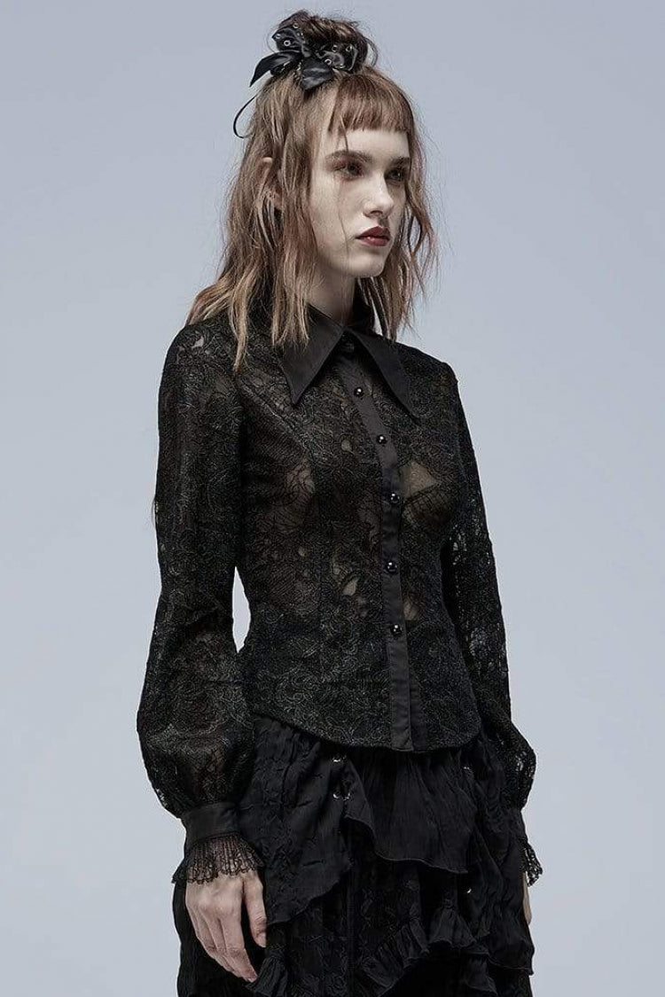 Black Lapel Collar Long Puff Sleeves Hollow Embroidery Womens Gothic Blouse - Product - 2
