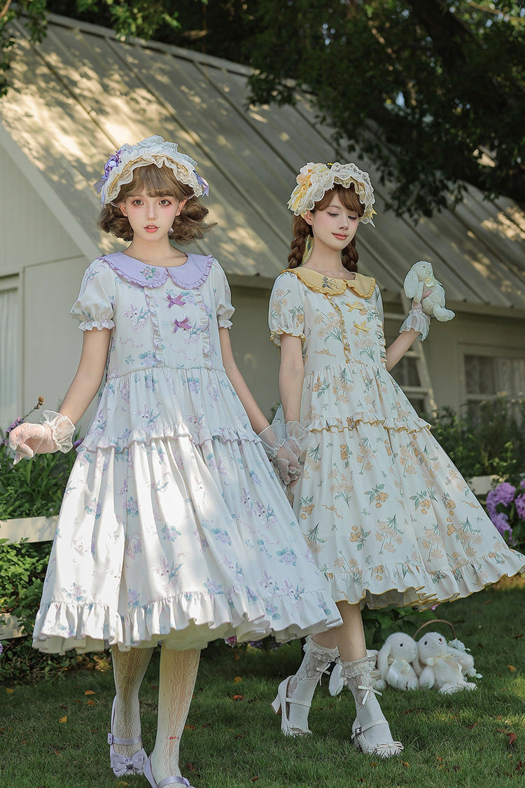 [Breezy Summer Blossoms] Peter Pan Collar Short Sleeves Jacquard Printed Ruffled Embroidered Bow Sweet Lolita Dress 2 Colors (Yellow, Purple) - Product - 4