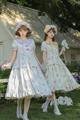[Breezy Summer Blossoms] Peter Pan Collar Short Sleeves Jacquard Printed Ruffled Embroidered Bow Sweet Lolita Dress 2 Colors (Yellow, Purple) - Product - 4