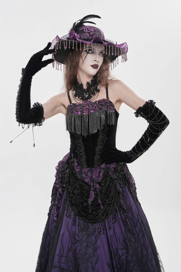 Black/Purple Lace-Up Women's Gothic Embroidered Tassels  Overbust Corset - Product - 10