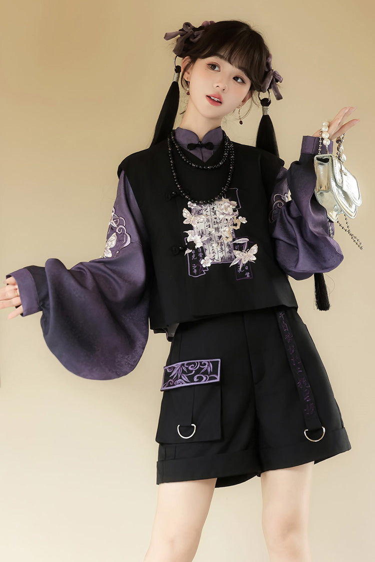 Black/Purple Stand Collar Long Sleeves Embroidery Classic Chinese Style Prince Hanfu Ouji Set - Product - 4