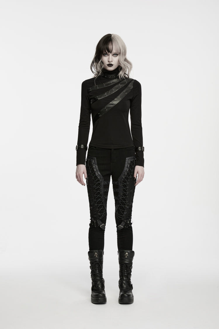 Black Cut-Out Lace Lace-Up Slim Fit Women's Punk Cool Pants - Product - 2