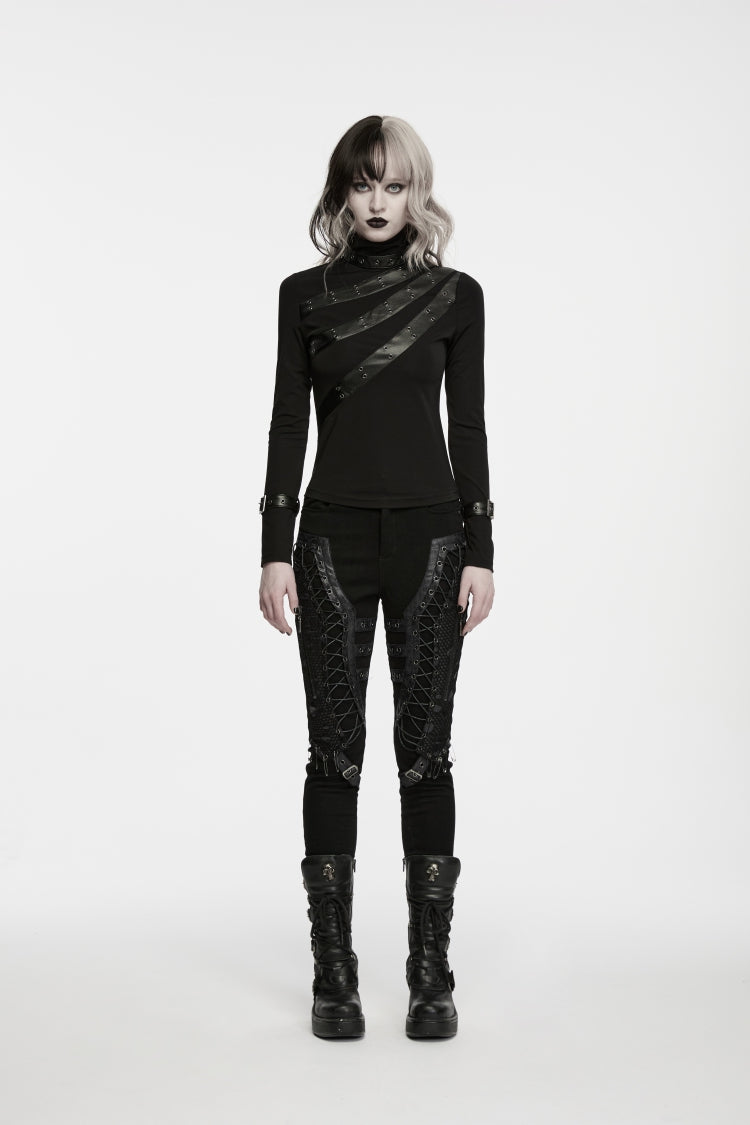 Black Cut-Out Lace Lace-Up Slim Fit Women's Punk Cool Pants - Product - 2