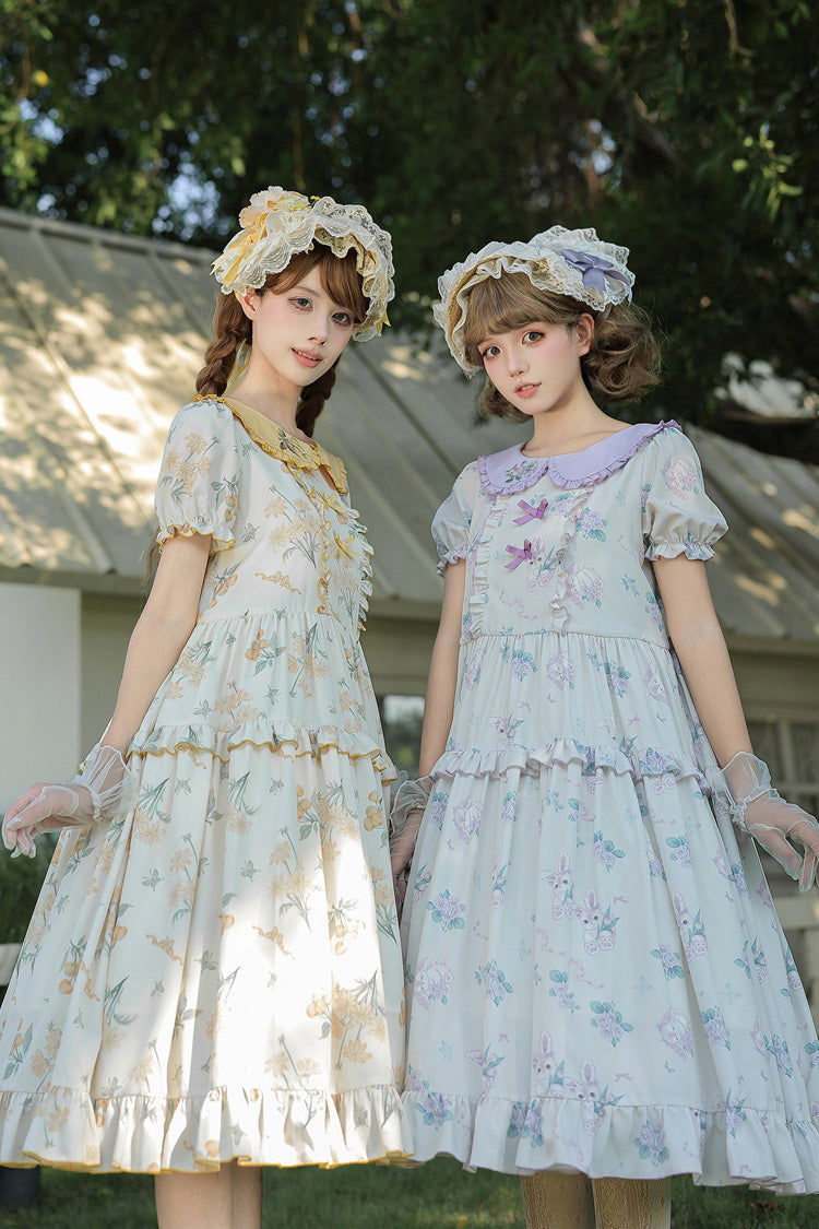 [Breezy Summer Blossoms] Peter Pan Collar Short Sleeves Jacquard Printed Ruffled Embroidered Bow Sweet Lolita Dress 2 Colors (Yellow, Purple) - Product - 2