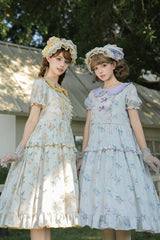 [Breezy Summer Blossoms] Peter Pan Collar Short Sleeves Jacquard Printed Ruffled Embroidered Bow Sweet Lolita Dress 2 Colors (Yellow, Purple) - Product - 2
