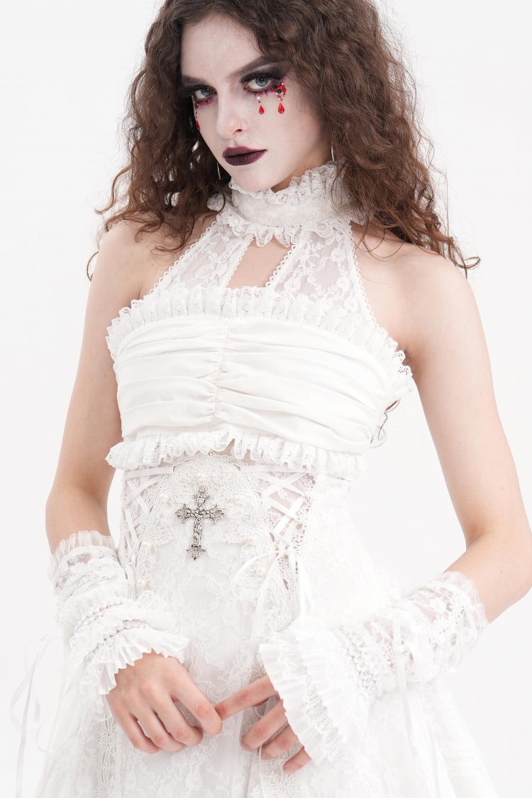 White Bow Lace Lace-Up Mesh Eyelet Women's Gothic Gorgeous Palace Arm Sleeves - Product - 10