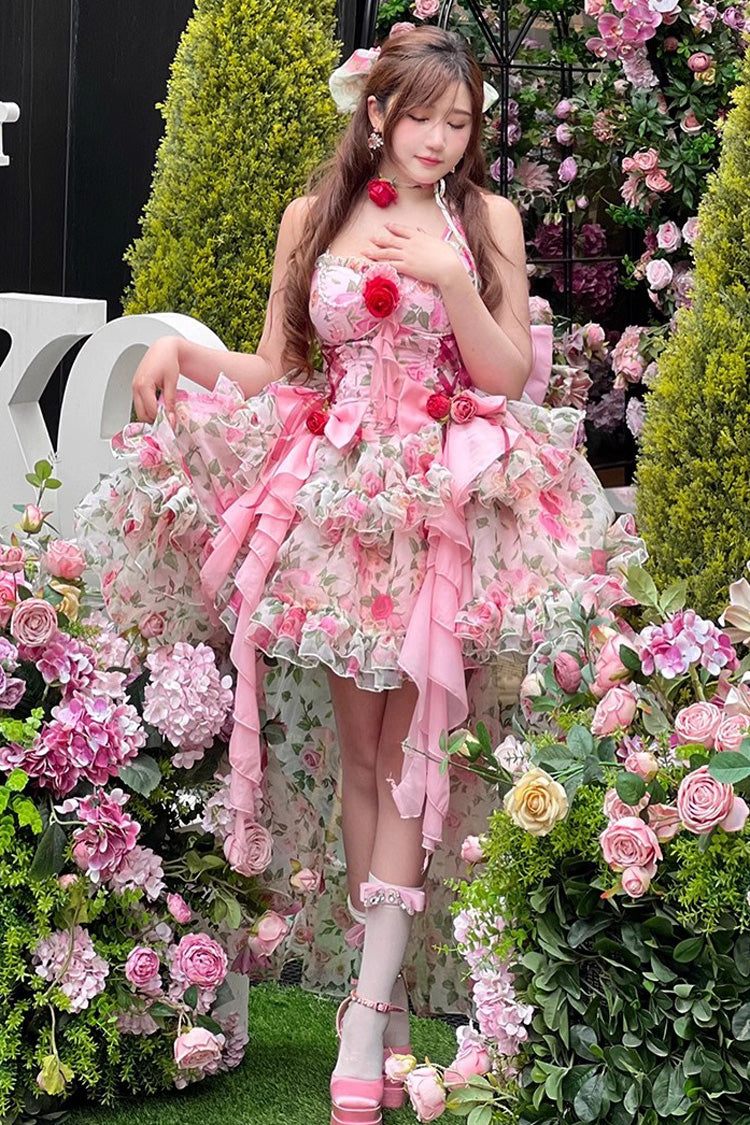 Pink Multi-Color Rose Print Sleeveless Sweet Lolita Strapless Dress - Product - 2