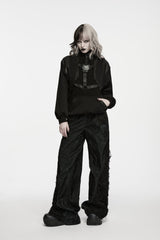 Black Stand Collar Long Sleeves Cut-Out Patchwork Eyelet Women's Punk Coat - Product - 6