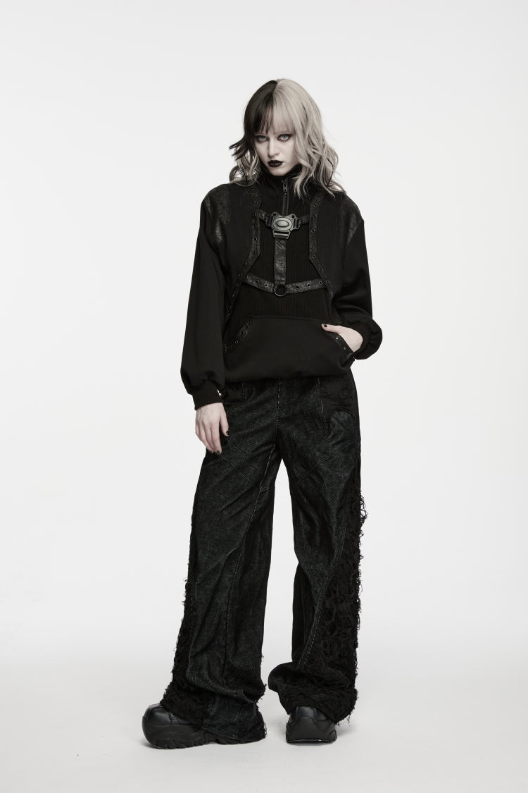 Black Stand Collar Long Sleeves Cut-Out Patchwork Eyelet Women's Punk Coat - Product - 6