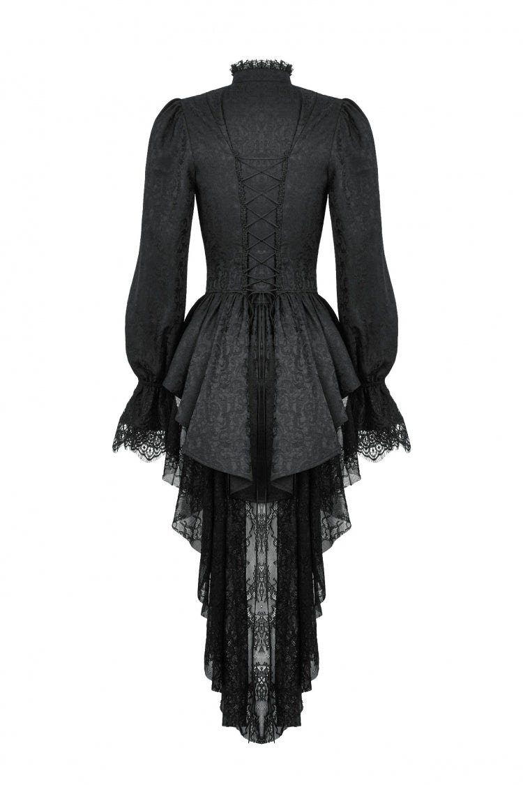 Black Stand Collar Long Trumpet Sleeves Lace Sheer Lace-Up Women's Gothic High Low Tail Coat - Product - 12