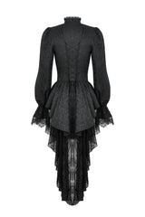 Black Stand Collar Long Trumpet Sleeves Lace Sheer Lace-Up Women's Gothic High Low Tail Coat - Product - 12