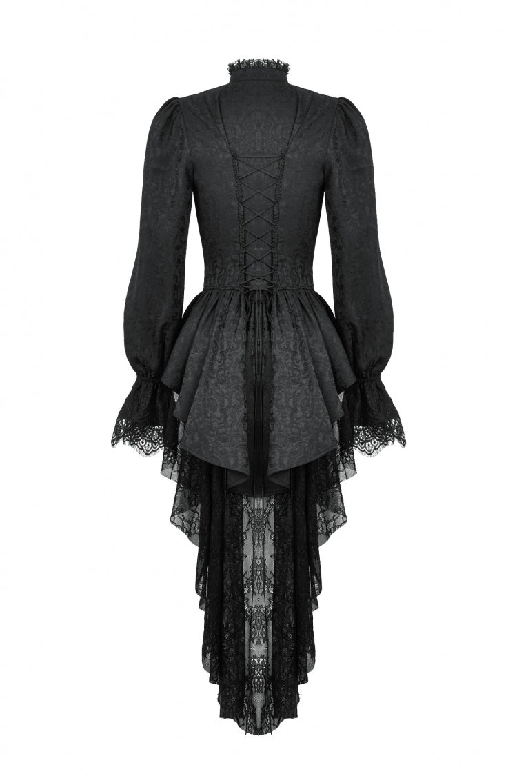 Black Stand Collar Long Trumpet Sleeves Lace Sheer Lace-Up Women's Gothic High Low Tail Coat - Product - 12