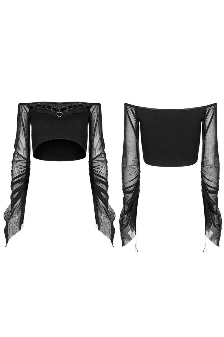 Black Gothic Elasticity Cotton Hollow Buttonhole Strap Design Slash Neck Women's T-Shirt - Product - 5