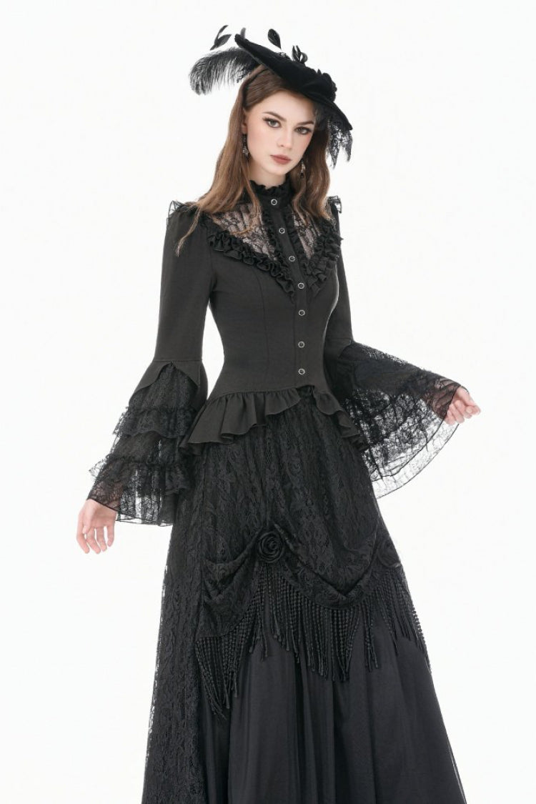 Black Stand Collar Long Trumpet Sleeves Multi-Layered Ruffled Lace Patchwork Lace-Up Women's Victorian Gothic Blouse - Product - 5