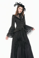 Black Stand Collar Long Trumpet Sleeves Multi-Layered Ruffled Lace Patchwork Lace-Up Women's Victorian Gothic Blouse - Product - 5