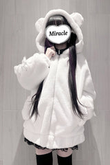 [Sleepy Bear Fluffy] Bear Ears Long Sleeves Bow Lace-Up Hooded Zippered Sweet Jirai Kei Japanese Coat - Product - 12