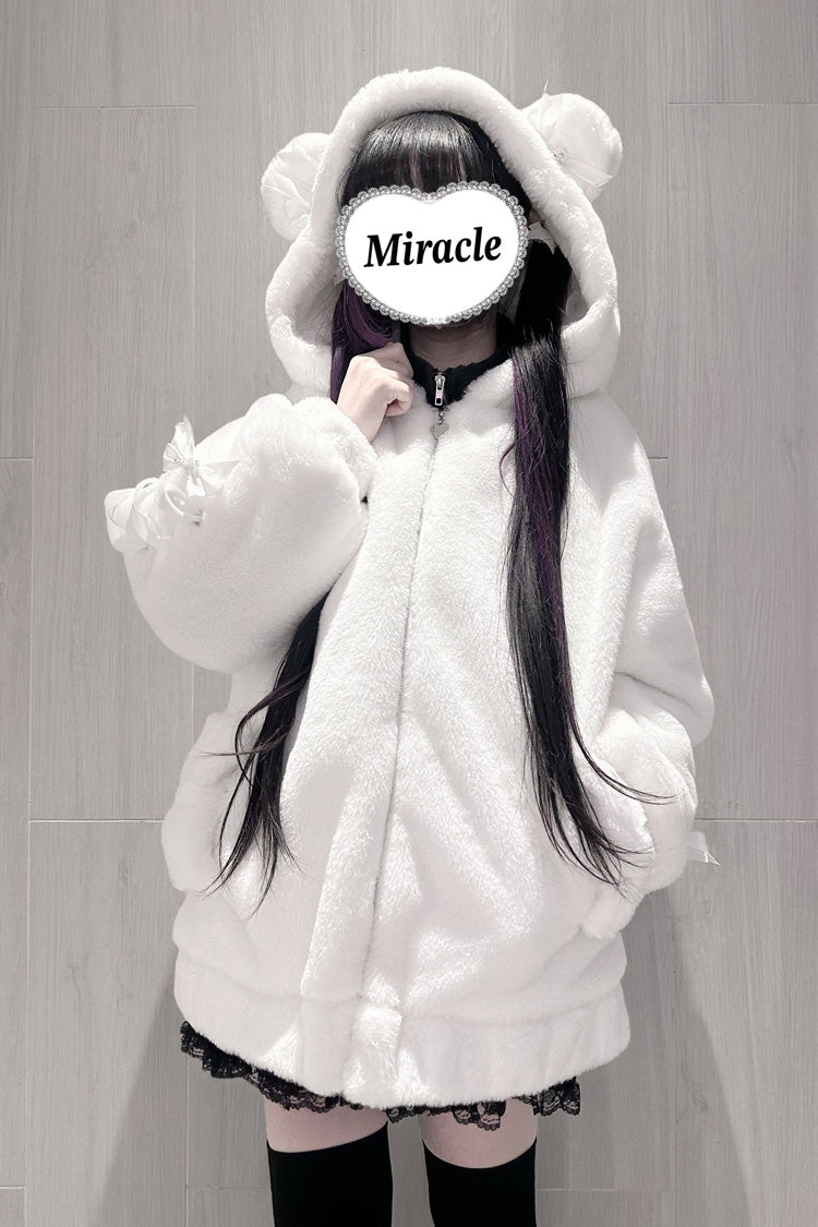 [Sleepy Bear Fluffy] Bear Ears Long Sleeves Bow Lace-Up Hooded Zippered Sweet Jirai Kei Japanese Coat - Product - 12