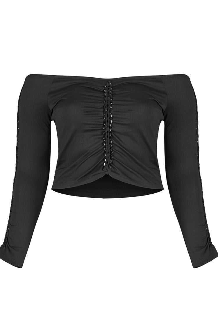 Black Elasticity Knitting Tie Braid Sexy Off The Shoulder Long Sleeve Women's Plus Size Gothic T-Shirt - Product - 5