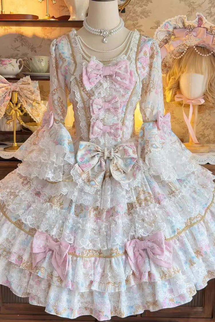 Blue [Candlelight Elegance] Long Trumpet Sleeves Multi-Layered Ruffle Bowknot Lace Sweet Elegant Lolita Dress - Product - 4