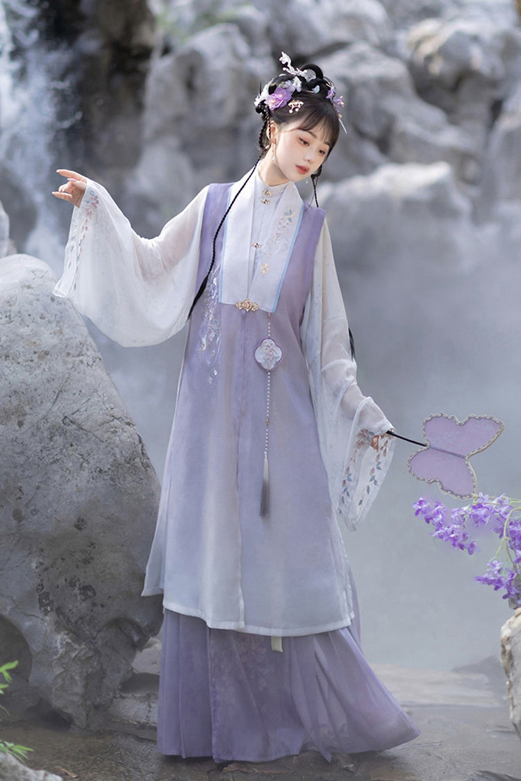 Purple Long Sleeves High Waisted Embroidery Sweet Chinese Style Hanfu Dress Full Set - Product - 2
