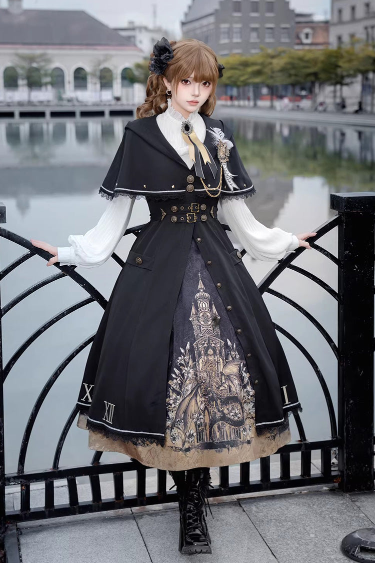Black [Dragon’s Aria] Long Sleeves Printed Embroidered College Style Gothic Vintage Lolita Dress Three-Piece Set - Product - 7