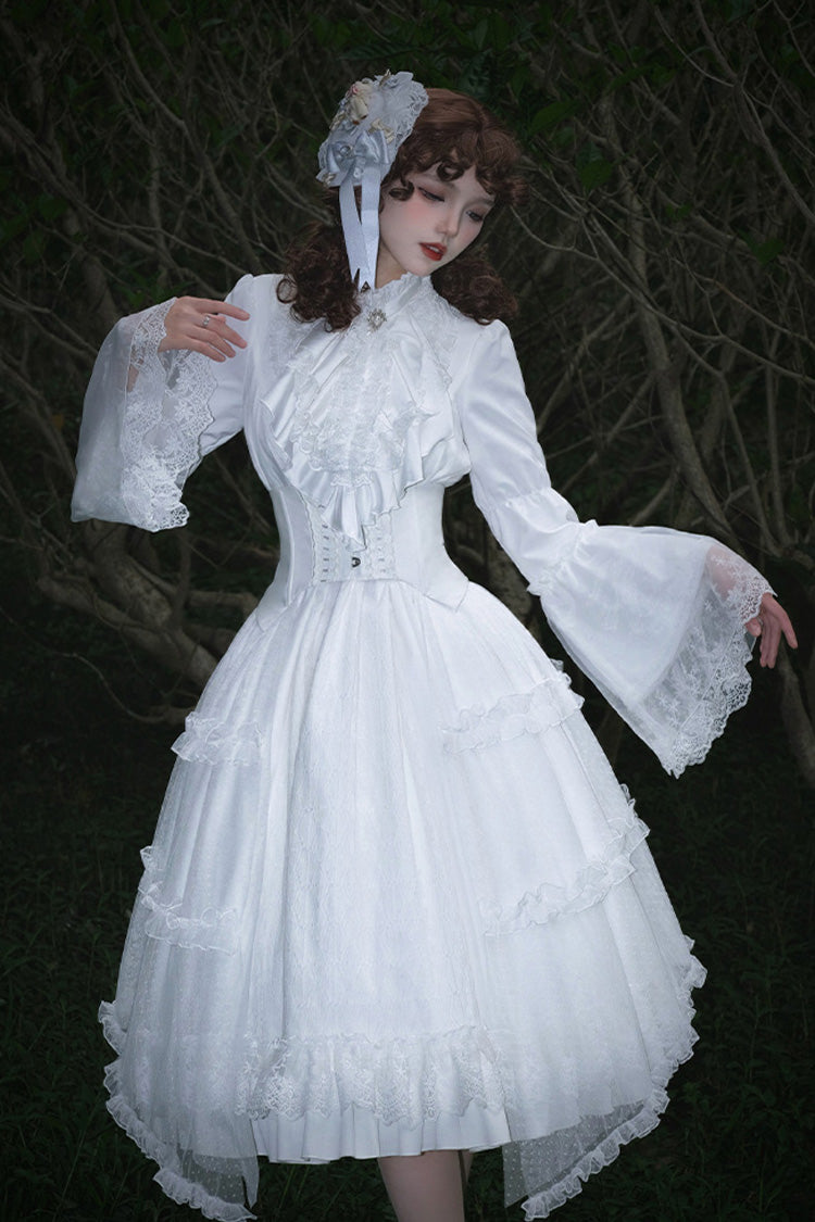 White [Requiem] Stand Collar Long Sleeves Ruffle Lace Gothic Lolita Dress - Product - 5