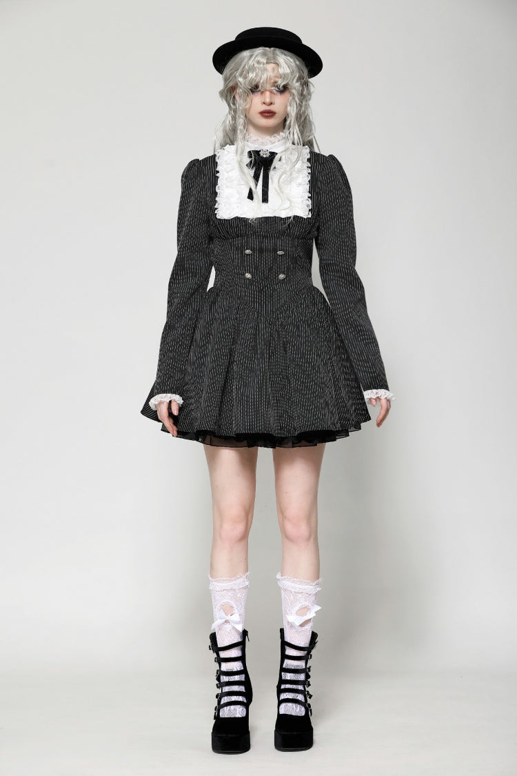 Black/White Striped Ruffled Lace Stand Collar Bow Long Sleeves Lace-Up Women's Gothic Lolita Graduation Dress - Product - 5