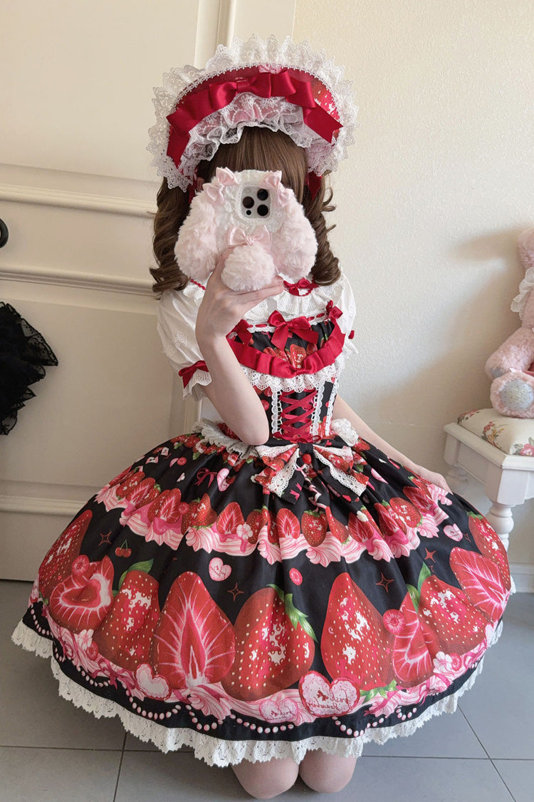 [Sweet Berry Tale] Strawberry Print Ruffle Bowknot Lace Sweet Lolita Jsk Dress 4 Colors - Product - 24