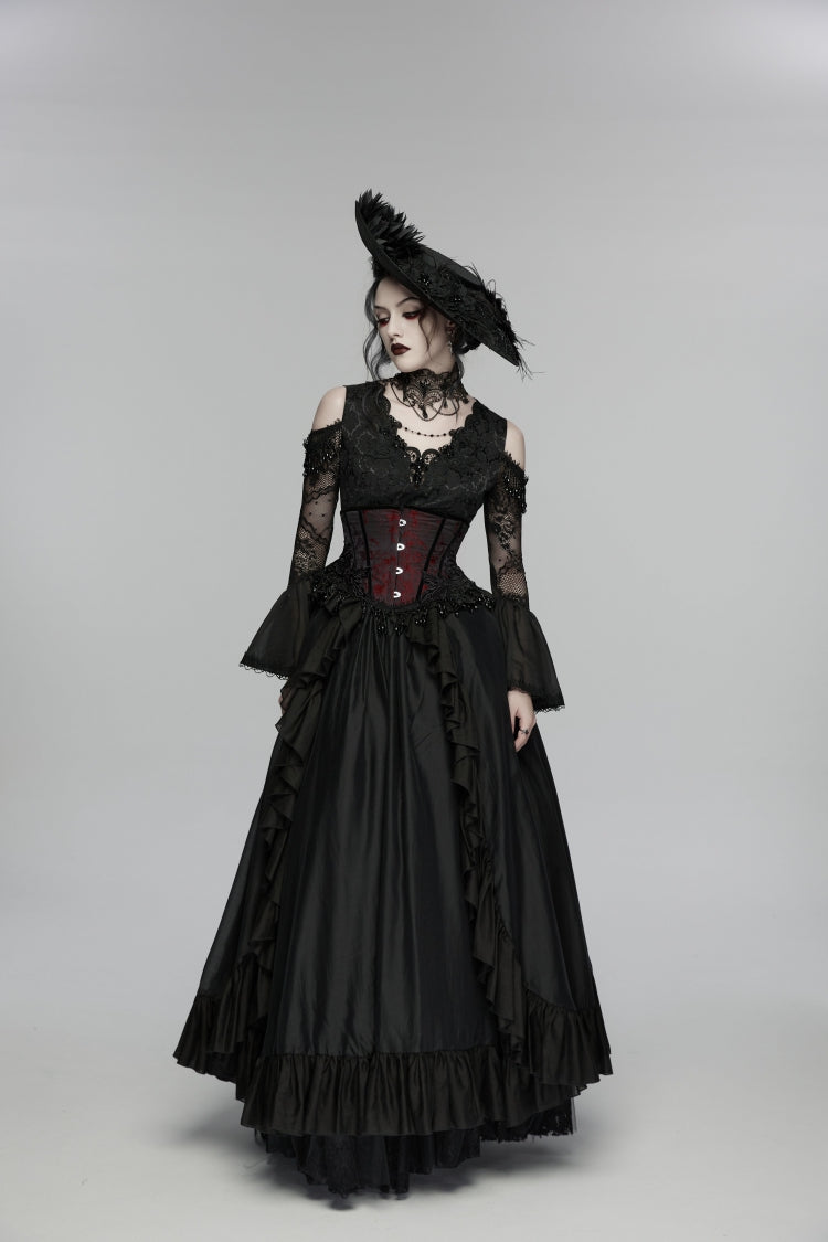 Black/Red Jacquard Lace-Up Slim Women's Gothic Tassels Corset - Product - 2