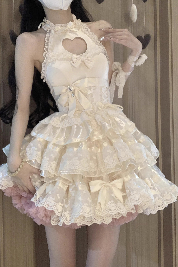 Apricot Heartbeat Multi-Layered Ruffle Heart Shape Hollow Bowknot Sweet Ballet Lolita Dress - Product - 2
