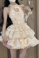 Apricot Heartbeat Multi-Layered Ruffle Heart Shape Hollow Bowknot Sweet Ballet Lolita Dress - Product - 2