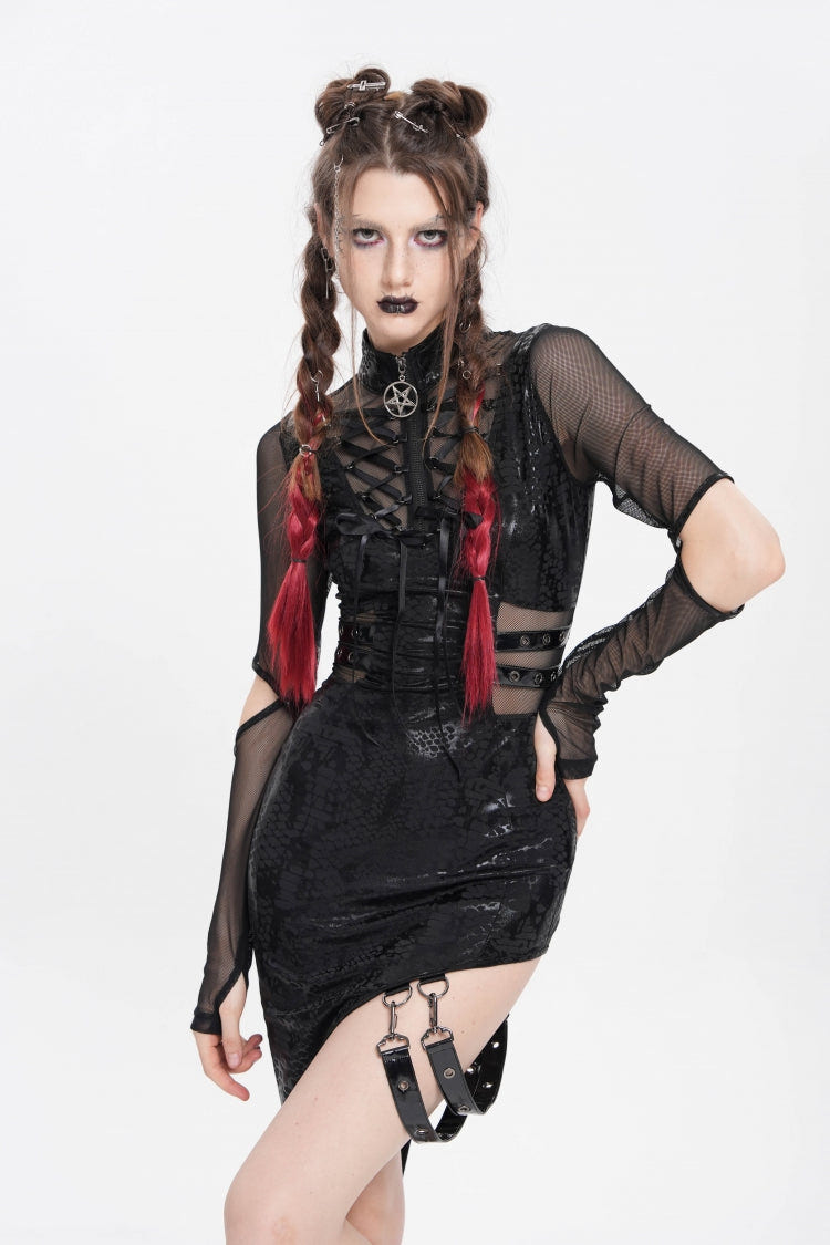 Black Stand Collar Long Sleeves Stitching Lace-Up Mesh Women's Punk Dress with Detachable Strap - Product - 12