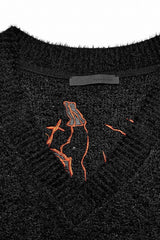 Black Wool Textured V Collar Long Sleeves Women's Gothic T-Shirt - Product - 5