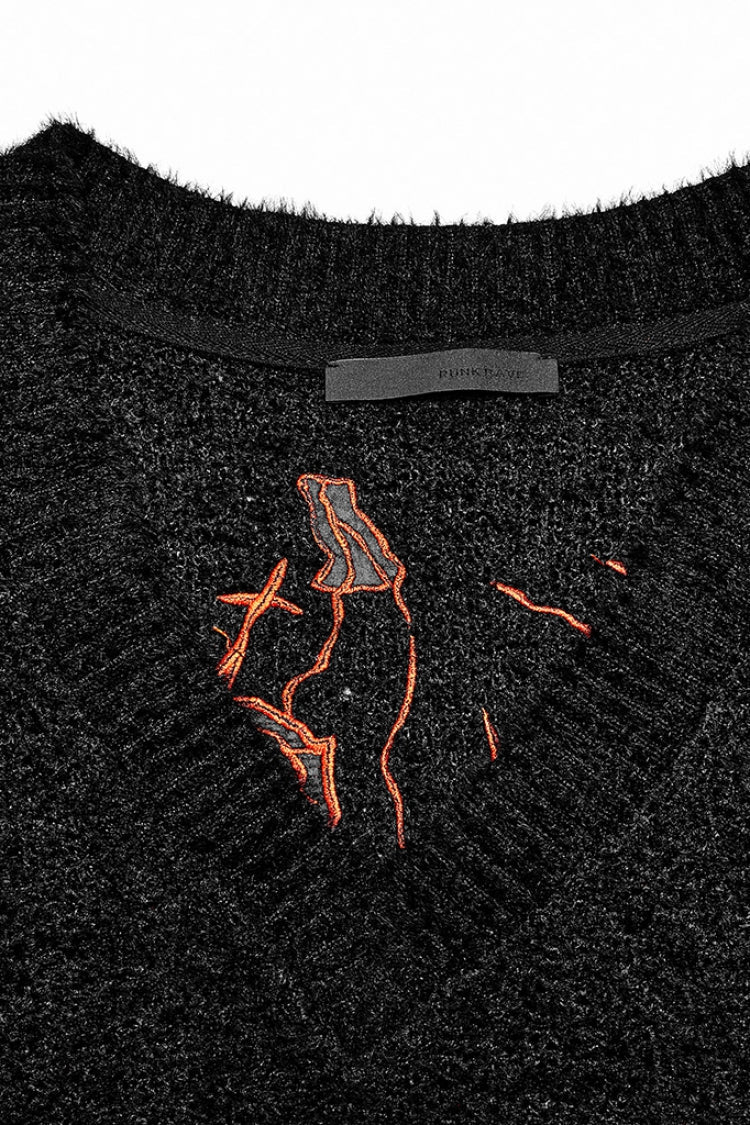 Black Wool Textured V Collar Long Sleeves Women's Gothic T-Shirt - Product - 5
