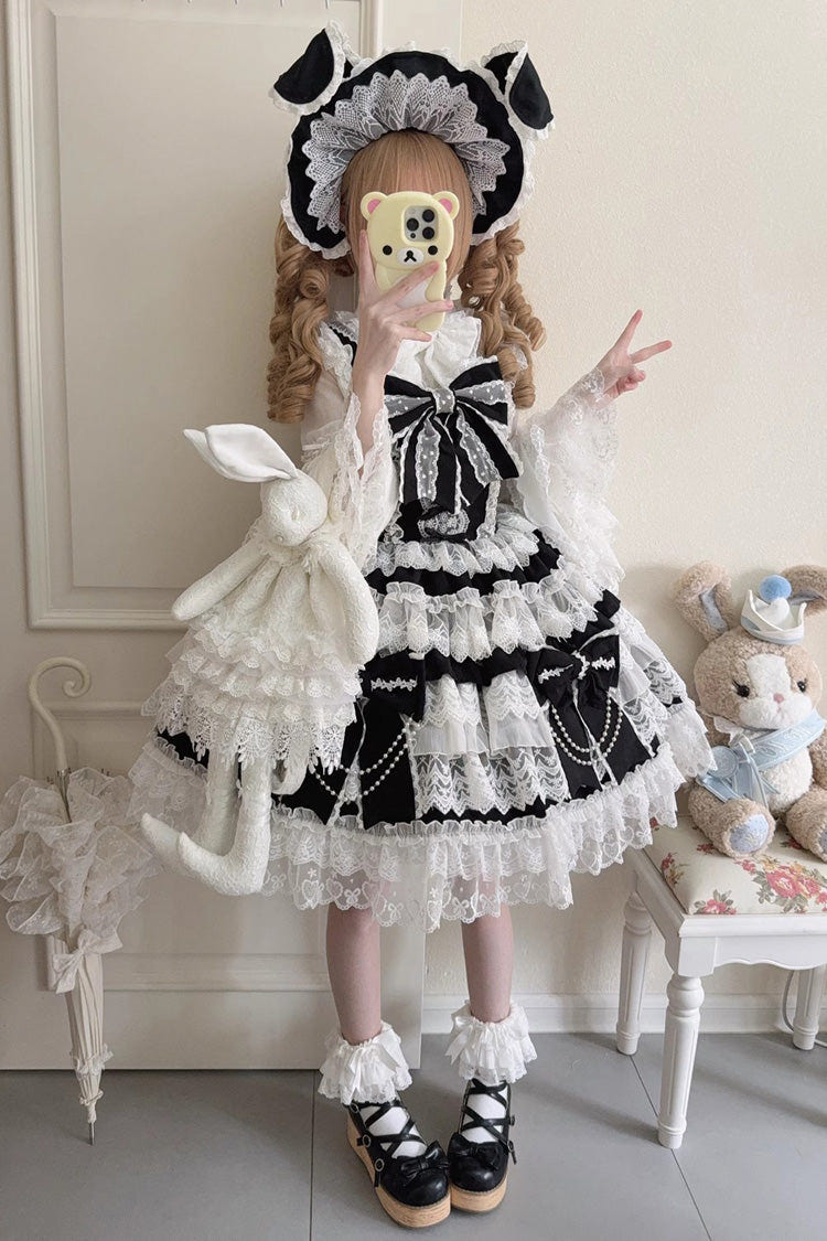 Black [Knot of the Crossed Heart] Sleeveless Multi-Layered Ruffle Hanayome Cardigan Bowknot Lace Lace-Up Sweet Lolita Jsk Dress - Black - 1
