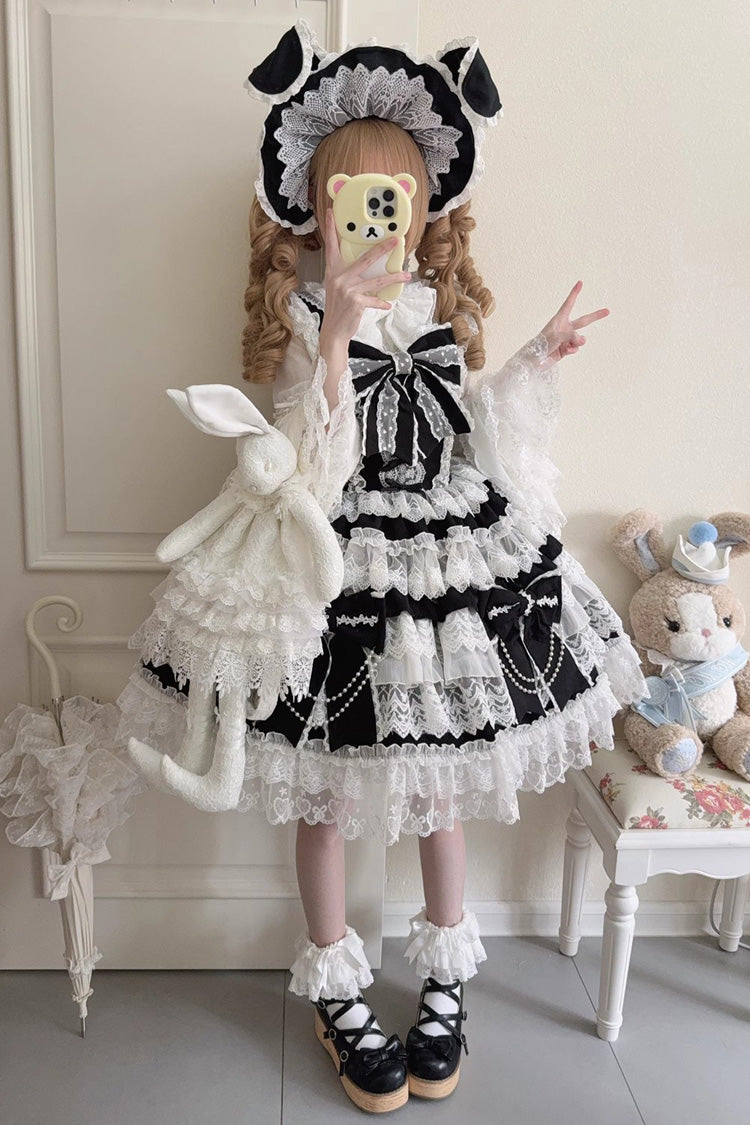 Black [Knot of the Crossed Heart] Sleeveless Multi-Layered Ruffle Hanayome Cardigan Bowknot Lace Lace-Up Sweet Lolita Jsk Dress - Black - 1