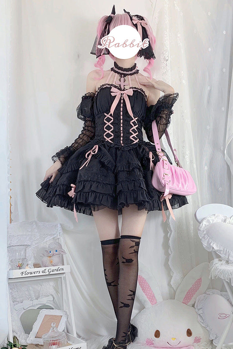 Black/Pink Tube Top Sleeveless Ruffle Bowknot Gothic Lolita Jsk Tiered Dress - Product - 6