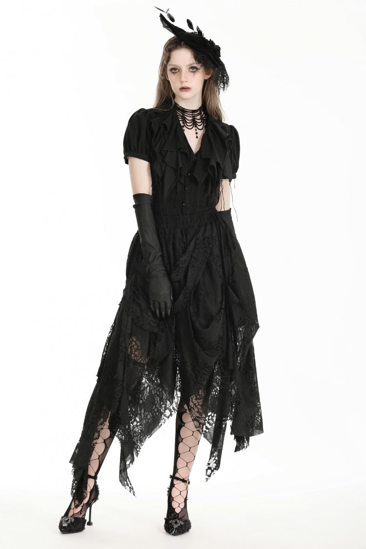 Black Women's Gothic Lace Irregular Distressed Hanky‑Hem Skirt - Product - 9