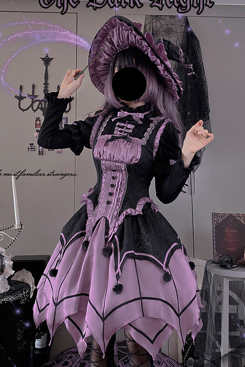 Black / Purple Round Collar Ruffled Long Sleeves Waist Irregular Hem Imp Sweet Lolita OP Dress Full Set - Product - 6