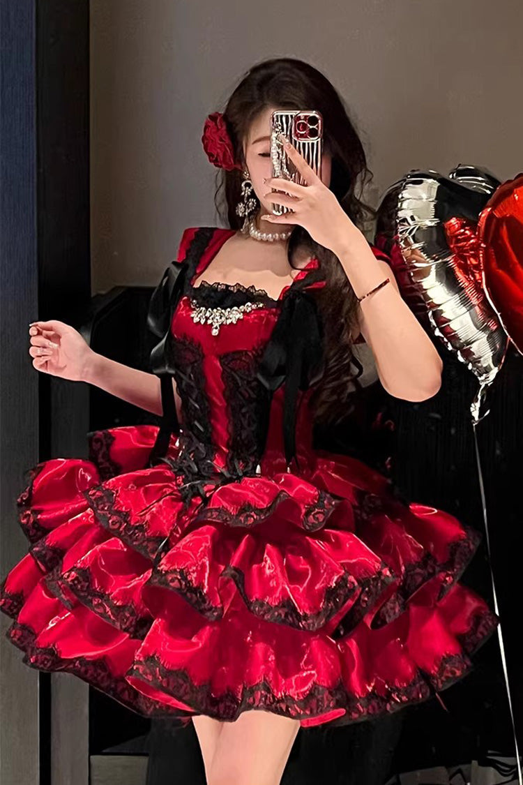 Red [Love Poems of the Heart] Sleeveless Triple-Layered Ruffled Lace Lace-Up Sweet Lolita Jsk Dress - Red - 1