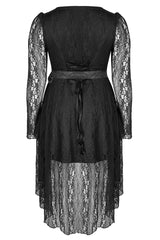 Black Elasticity Modal Cotton Fabric Patchwork Lace Metal Buckle Belt Long Hem Long Sleeve Women's Plus Size Gothic Dress - Product - 6