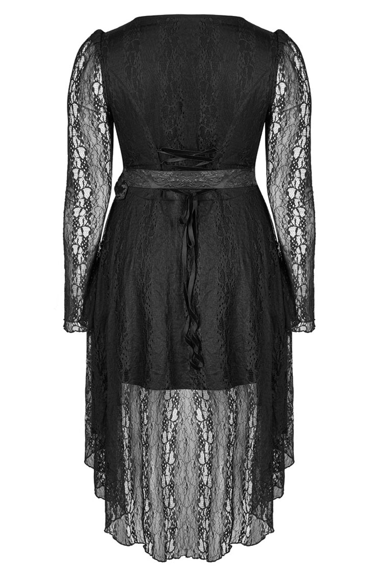 Black Elasticity Modal Cotton Fabric Patchwork Lace Metal Buckle Belt Long Hem Long Sleeve Women's Plus Size Gothic Dress - Product - 6