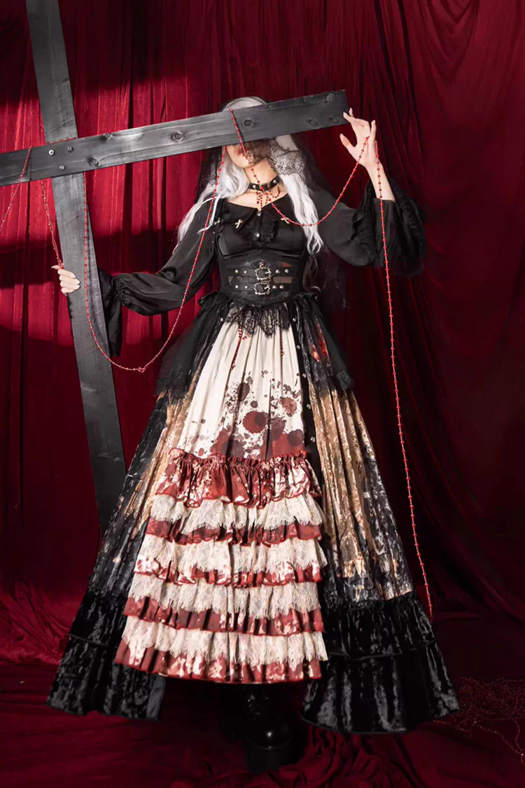 [Heretical Nun] Sleeveless Multi-Layered Printed Ruffled Open-Front Gothic Plus Size Lolita Strap Dress Long Version 2 Colors - Product - 11