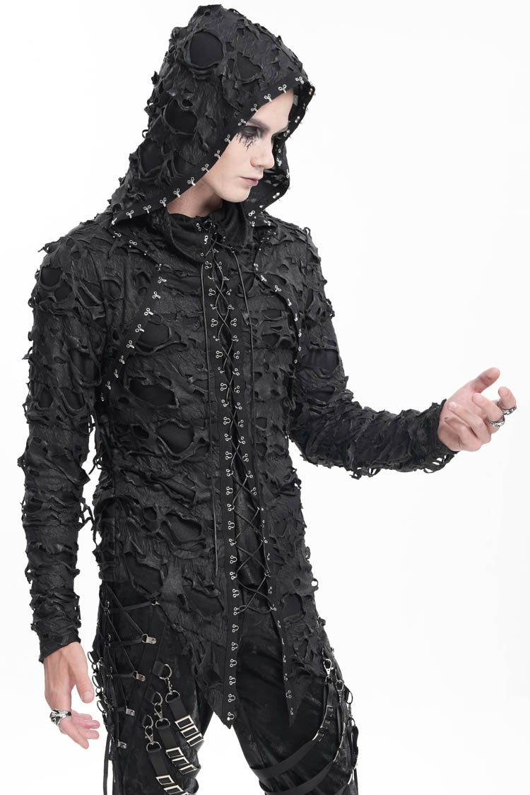 Black Studs Long Sleeves Lace-Up Ripped Men's Gothic Hooded Coat - Product - 2